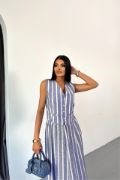 KETEN ÇİZGİLİ YELEK - UZUN ETEK TAKIM - Mavi resmi